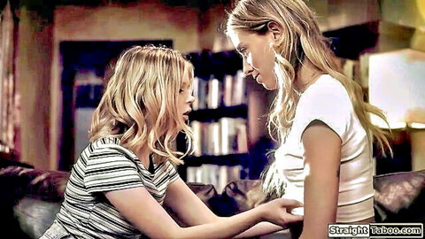 Blonde teacher and schoolgirl in intimate arm touch, taboo library encounter