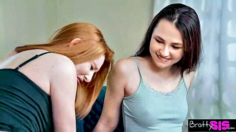 Lacy Lennon redhead in green dress teases brunette BFF in tank top, step sis fun
