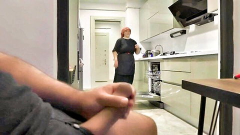 Arab stepmom in black dress catches stepson jerking off POV