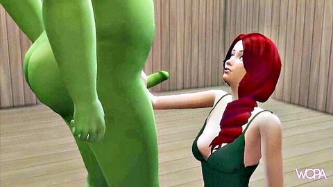 Princess Fiona strokes Shrek's green cock in parody animation