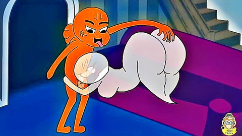 Chowder cartoon character groping huge white ghost ass cheeks on purple couch