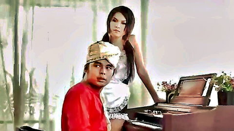 Asian woman in white lingerie leaning over man in red shirt and turban