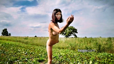 Uliana skinny small tits teen nude yoga outdoors in field