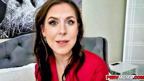 Nikki Zee in red top, seductive smile as desperate stepmom
