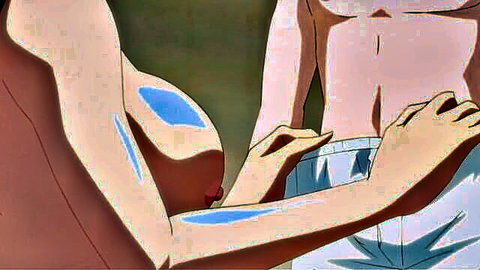 Anime MILF with huge tits groping massive cock in steamy hentai scene