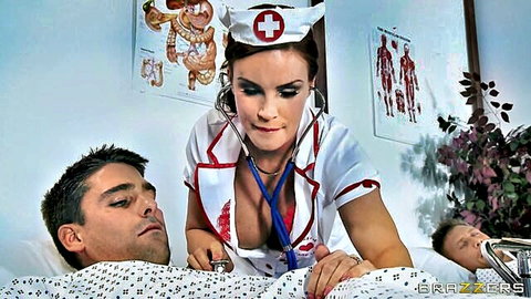 Diamond Foxxx in sexy nurse uniform examining patient, medical fantasy