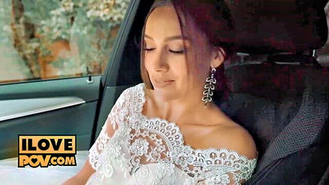 Redhead runaway bride in lace wedding dress seduces in car POV