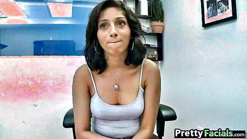 South Asian amateur teen in tight white tank top pouts lips teasing for pretty facial cumshot