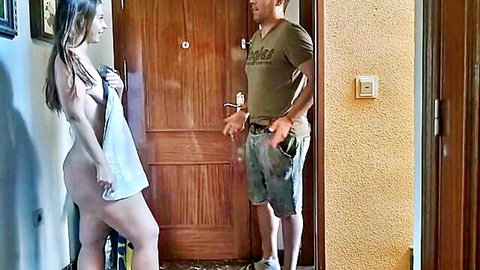 Blonde in tiny towel teases man at door exposing side tits and ass cheeks