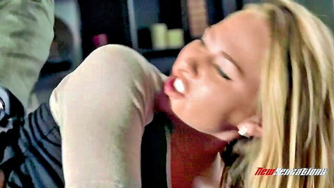 Blonde teen's mouth forced wide open by rough male hand grip intense ecstasy face