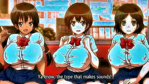 Three busty anime schoolgirls in revealing uniforms, hentai style