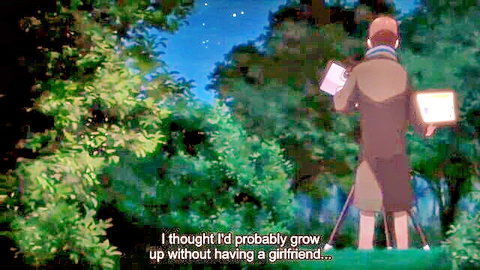 Anime guy in forest at night reflecting on life without girlfriend