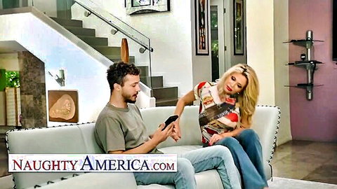 Victoria Zdrok blonde MILF seduces guy on couch in jeans