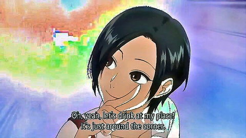 Cute smiling anime girl with black hair invites to drink at her place in hentai tease
