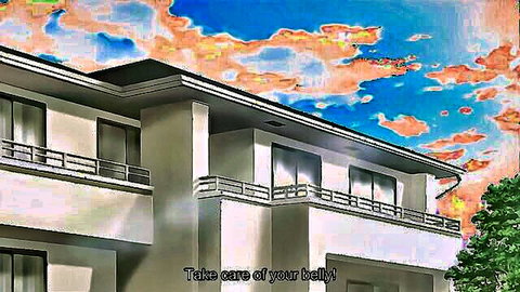 Anime-style house at sunset with balcony, vibrant sky, 'Take care of your belly!' text