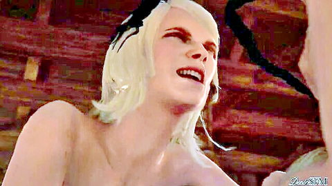 3D animated pale blonde with fangs smiling topless in lodge corruption scene