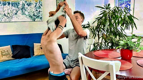 Young straight best friends trying anal sex first time, one pulling down underwear