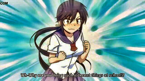 Angry petite anime schoolgirl in tight uniform shocked by indecent acts at school
