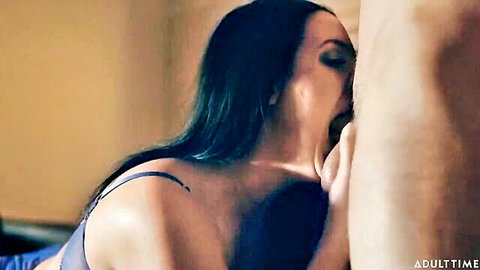 Brunette MILF with huge tits sucking muscular man's nipple in intense rough foreplay