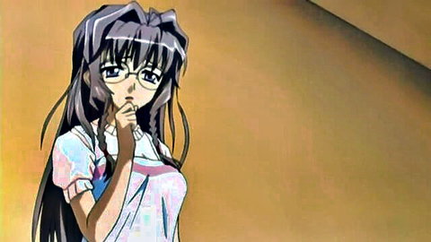 Anime schoolgirl with glasses and long hair in uniform, finger to lips pose