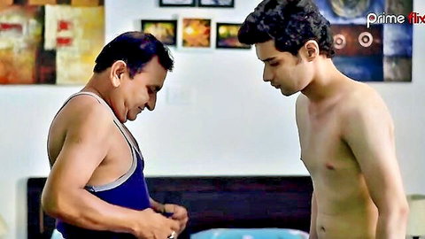 Indian gay daddy in vest seduces young shirtless twink son