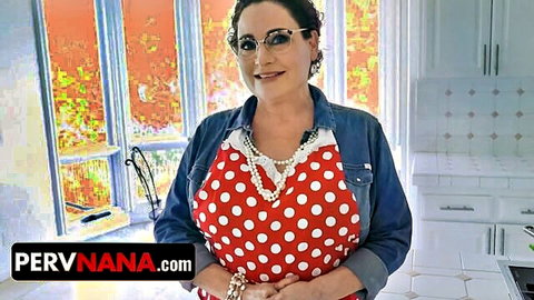 Amanda Ryder in polka dot apron, mature step-grandma teasing POV