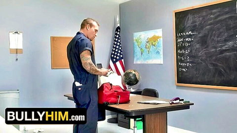 Muscular tattooed man in navy uniform in classroom, teasing breeding scene