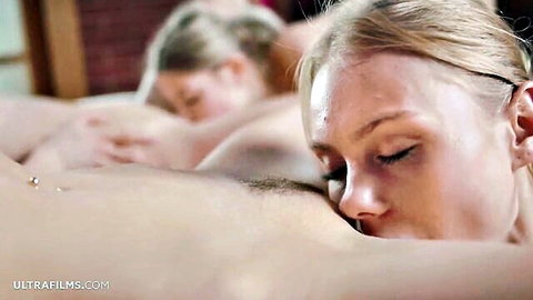 Nancy A, Sybil, Adel Morel and Eva Elfie in steamy nude lesbian group embrace