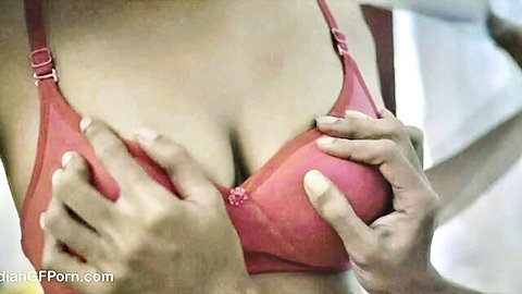 Indian babe's big tits groped and squeezed in sheer red bra by hands