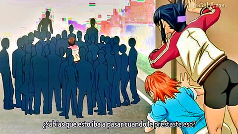 Hentai scene: Blue-haired girl in shorts bent over in crowd, red-haired friend watches