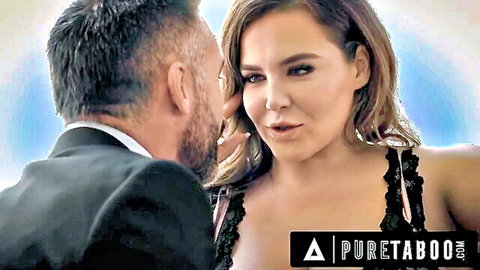 Natasha Nice in black lingerie kissed by older suited man in Pure Taboo MILF swinger scene