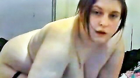 Naked BBW with huge tits double penetrated by toys in pussy and ass doggystyle on bed