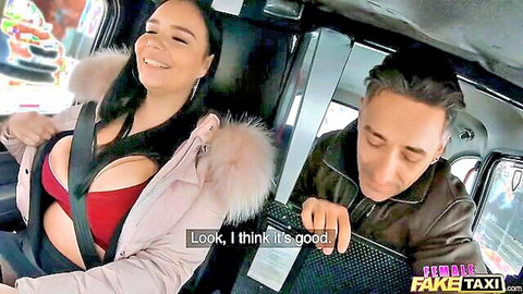 Sofia Lee curvy European in deep cleavage and stockings in Fake Taxi