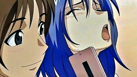 Anime hentai thumbnail of blue-haired girl with ahegao face on phone, brown-haired friend close