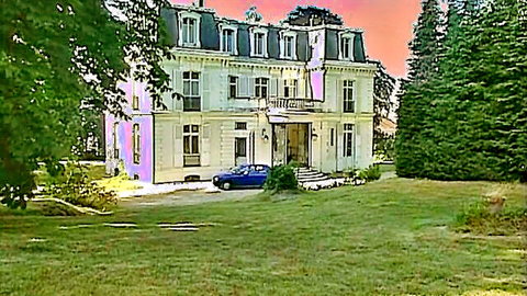 Vintage mansion exterior in artistic style from Horny Man and Vintage Beauty oral scene