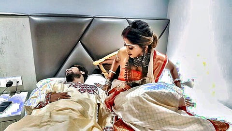 Desi bride in white saree straddles husband on first wedding night