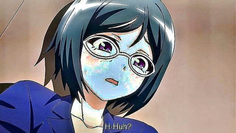 Hentai anime girl with glasses, short hair in blue suit, surprised look