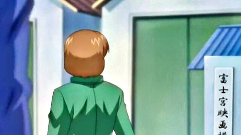 Anime MILF babe with orange hair in green dress, back view JAV scene