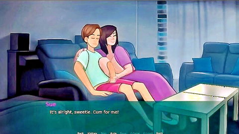 Hentai MILF Sue tells young guy 'cum for me' while stroking his thigh on couch