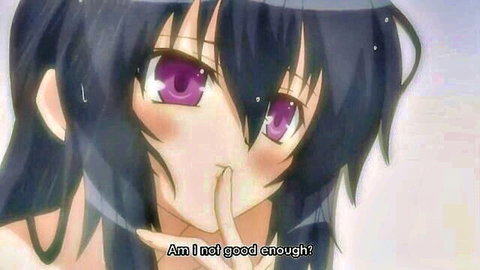 Seductive purple-eyed hentai girl shushing with finger on lips, teasing 'Am I not good enough?'