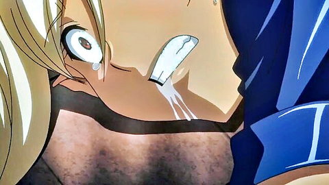 Blonde hentai girl sticks out tongue dripping with thick cum, teary eyes in ecstasy