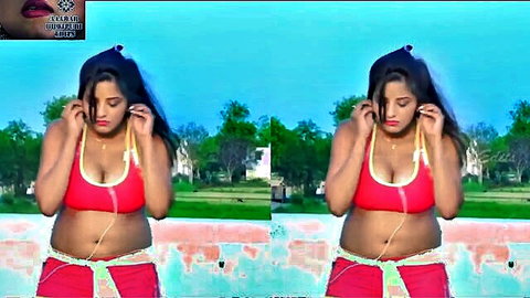 Curvy Indian brunette with big tits in tight red sports bra and yoga pants teasing striptease outdoors