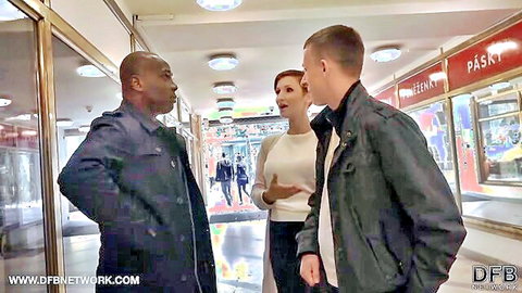 Redhead wife chats with black stranger and white husband in mall teasing cuckold interracial encounter