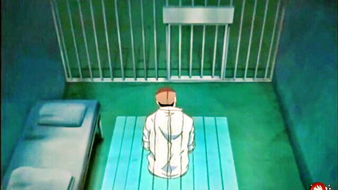Anime busty MILF in straitjacket kneeling in prison cell, hentai seduction scene