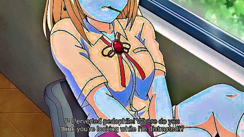 Hentai schoolgirl in uniform glares at pervert on bus with teasing leg spread
