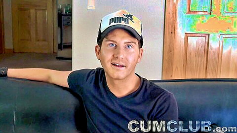 Young guy in Puma hat preps for huge cum swallowing facial