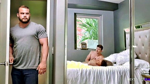 Muscular guys caught mid-fuck in escape room, owner joins threesome