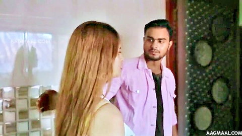 Indian babe with long hair seduces milkman in pink shirt, hot Hindi short film scene