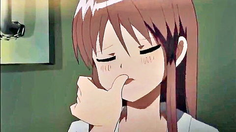 Blushing anime girl with small tits teasing finger to lips in tight white shirt