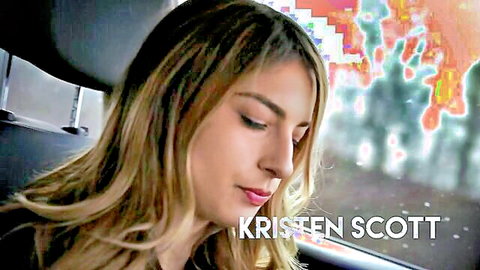 Kristen Scott in seductive car pose, blonde beauty from lesbian futanari fetish film